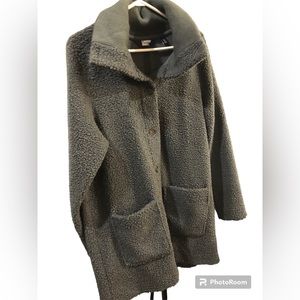 Lands’ End Teddy Bear Long Button Sweater Jacket Women’s Large 14-16 Grey